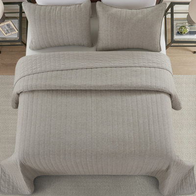 Natural Cotton Herringbone Quilt Set, Vertical Stripe Quilted Pattern, 100% Cotton Fill, 3-Piece Bedding Set