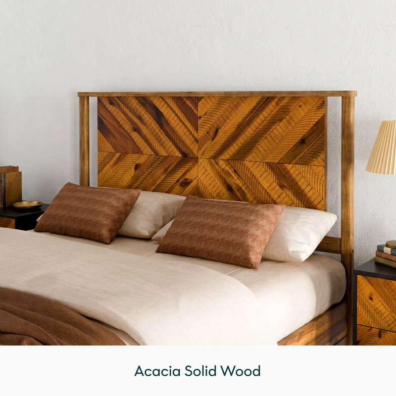 Vivian DELUXE Platform Bed Frame with Headboard – Acacia Wood, Queen, Rustic Golden Brown