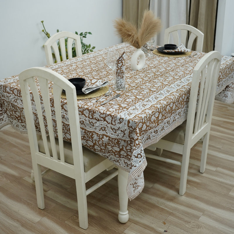 Handmade Block Print Tablecloth, with Brown Floral Pettarn- Manikarnika (10 Seater), 118" L x 72" D