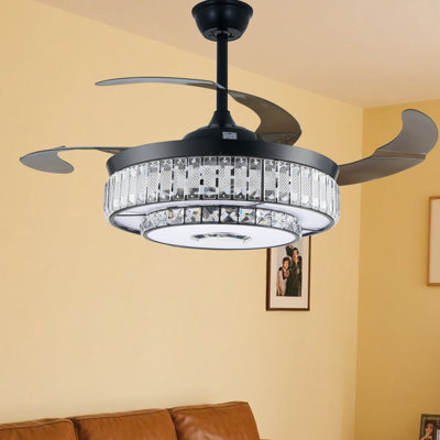 42" Retractable Ceiling Fan With Crystal Led Light And Remote, Bluetooth Music, 6-Speed Reversible Motor – Black & Brown Blades, Modern Glam Chandelier Fan