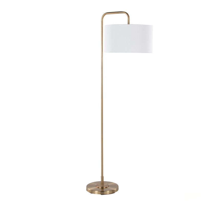 Contemporary Gold Metal Floor Lamp With Arched Base And White Linen Shade,  For Modern Home Decor And Lighting, White, Gold