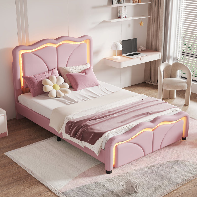 Twin Size Upholstered Platform Bed with Curve Shaped and Height-adjustbale Headboard,LED Light Strips,Pink, Twin