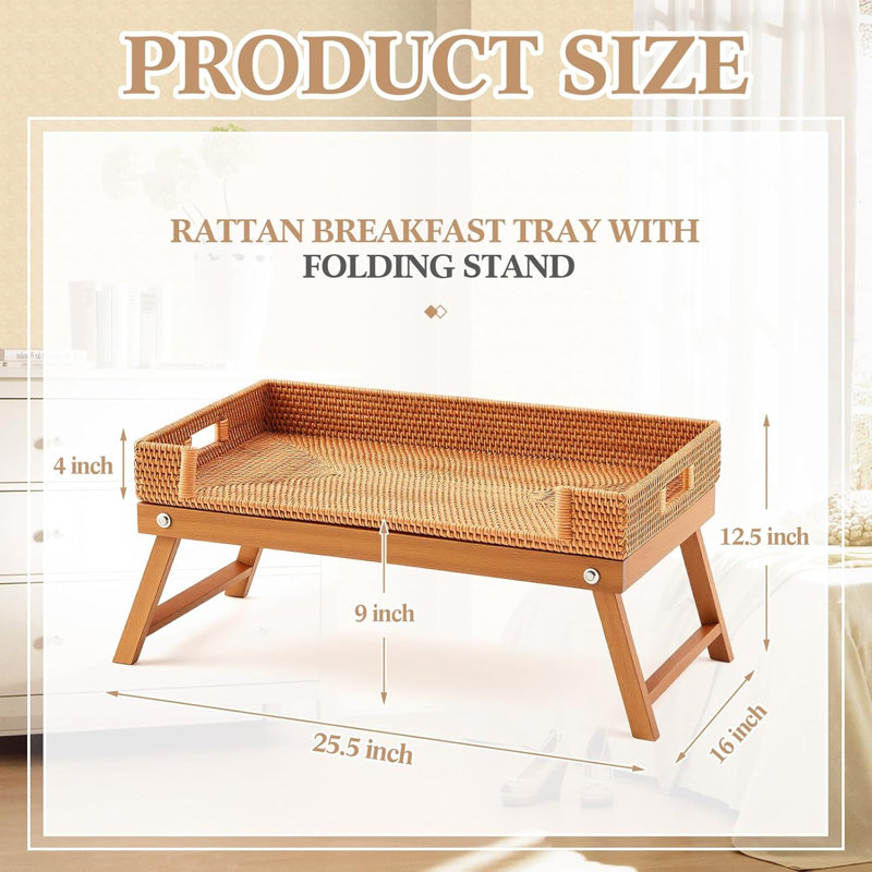 Rattan Breakfast Table Tray with Foldable Legs