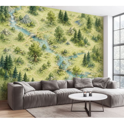 Wall Mural Peel and Stick Wallpaper Fantasy Forest River Map Winding Streams Pine Trees Hills Woodland Self-Adhesive Removable Contact Paper Wall Decor for Living Room Bedroom 100"H x 144"W