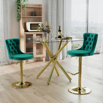 Ensemble de table de bar moderne 3/5-pièces avec plateau en verre trempé et base en métal robuste, tabourets de bar pivotants en velours à hauteur réglable, pour la cuisine, la salle à manger et les espaces de divertissement