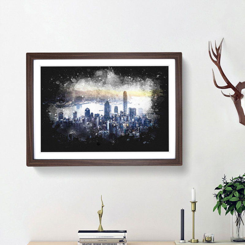 Hong Kong Skyline in China - Picture Frame Graphic Art Print, 62cm H x 87cm W x 2cm D, Walnut Framed