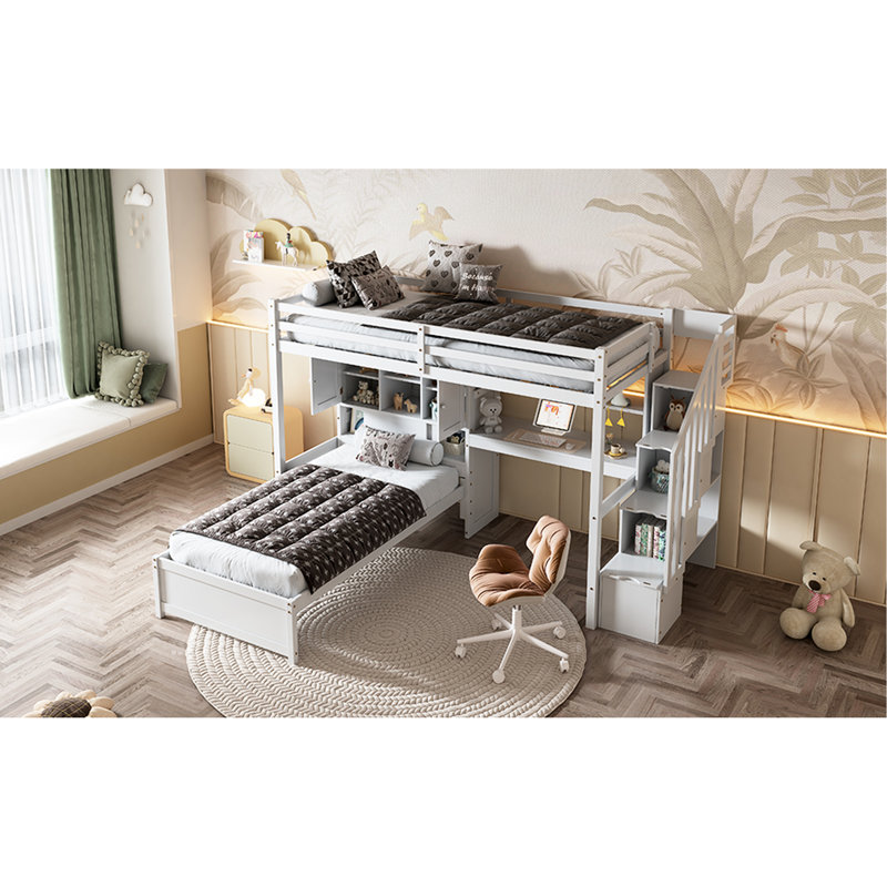 Twin Over Loft Bed In White With Built-In Desk, Shelf & Staircase Staircase, Storage And Desk Hue, White