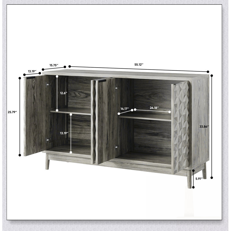 Buffet de style moderne avec 4 portes en relief en forme de losange, tablettes réglables pour un rangement polyvalent et un design élégant