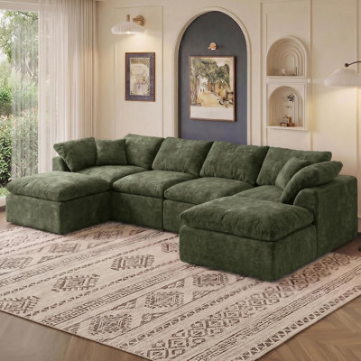 Canapé modulaire sans os de 139 po, canapé en U sans assemblage en tissu de chenille de qualité supérieure, mousse à mémoire de forme à haute densité, support de 1200 lb, conception modulaire à mouvement libre, lit de jour de salon, vert
