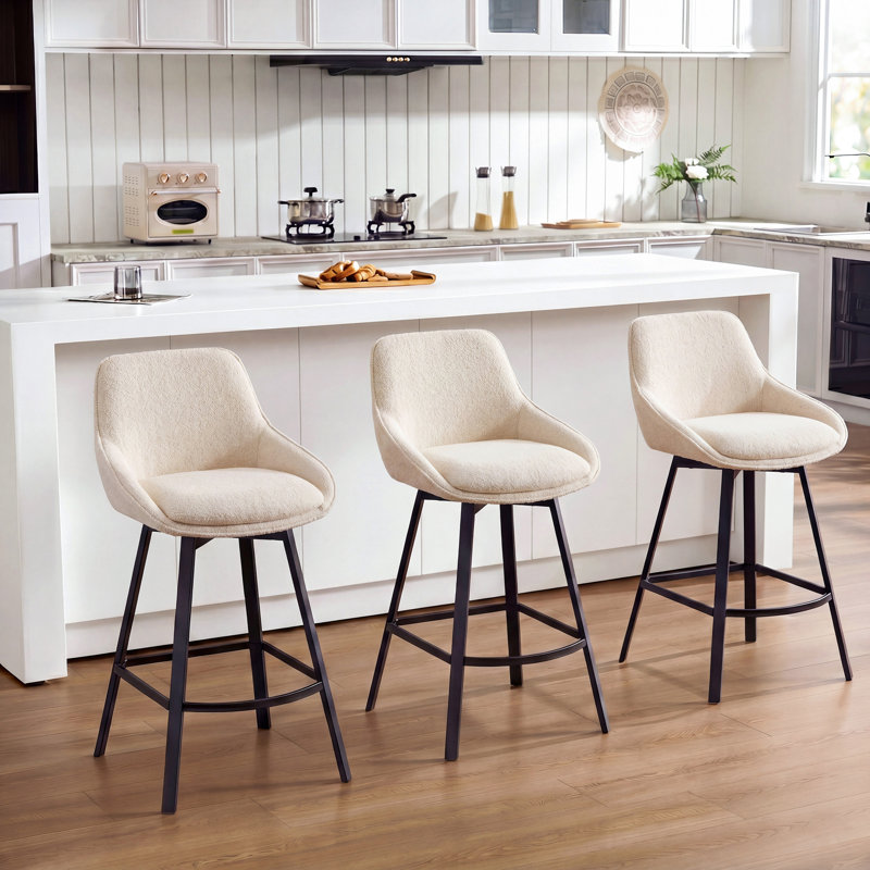 Absalom Modern Industrial Swivel Upholstered 25.6'' Linen Counter Stool with Metal Frame, Beige, 3