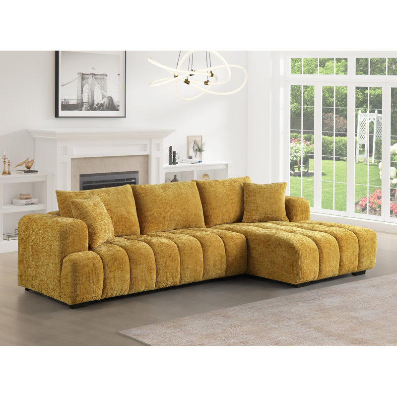 Modern Tufted Sectional Right-chaise Sofa , Chenille jaune gingembre, Orienté à droite, H 34,2 po x l 109,4 po x P 62,5 po