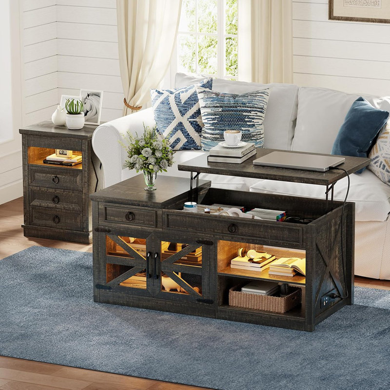 Table basse à plateau relevable avec lumières DEL, station de charge, rangement dissimulé et tablette réglable - chêne rustique foncé