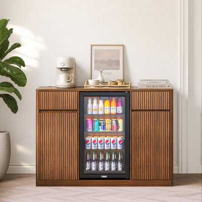 53'' Fluted Bar Cabinet with Fridge Space, Modern Coffee Station, Charging Hub, and Wine Glass Rack, Walnut Buffet Sideboard for Home Beverage Storage
