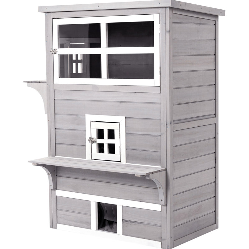 Chaton de 3 étages, maison de chat d'extérieur en gris, plancher surélevé, portes de secours et plateformes de saut d'intrigue