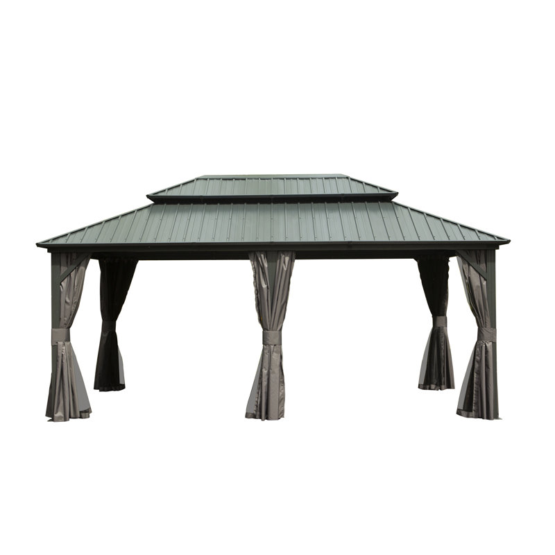 12' X 18' Hardtop Gazebo, Aluminum Metal Gazebo With Galvanized Steel Double Roof Canopy, Curtain And Netting, Permanent Gazebo Pavilion