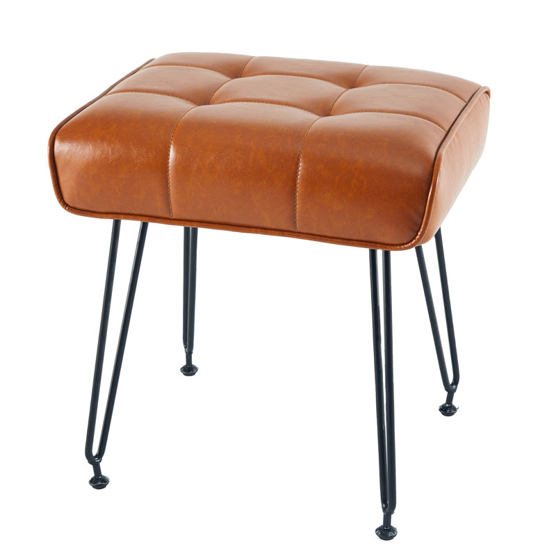 Faux Leather Upholstered Vanity Stool with Metal Legs, Brown