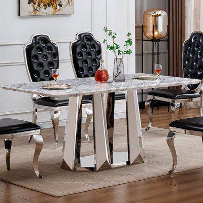 Table de salle à manger en marbre pour 6 personnes, table de salle à manger rectangulaire en faux marbre 70 po avec base en acier inoxydable à finition miroir, table de cuisine moderne en marbre de grande taille (argent, gris) (table unique)