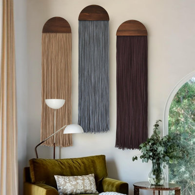 Macrame Wall Hanging Long Fringe Boho Wall Decor Handmade Wood 10" W*40" L Modern Boho Style,Handmade Textile ,Artwork Wooden Arch Accent,Cozy Texture,for Living Room Bedroom Entryway Decor