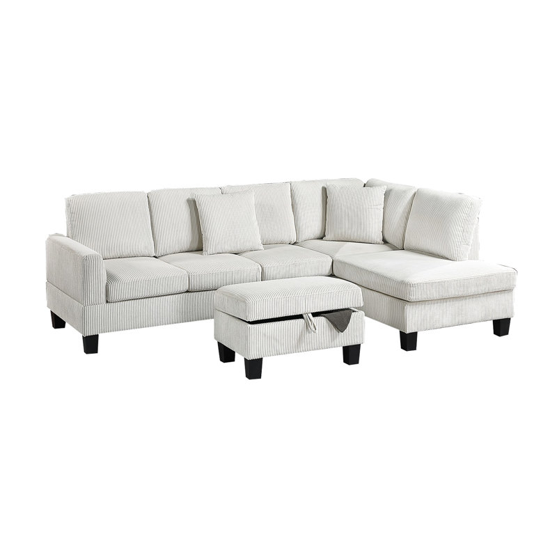 Contemporary Beige Corduroy 3 Sectional For Living Room, Featuring Chaise, , Storage , And Included Pillows In Corduroy, Square Arms