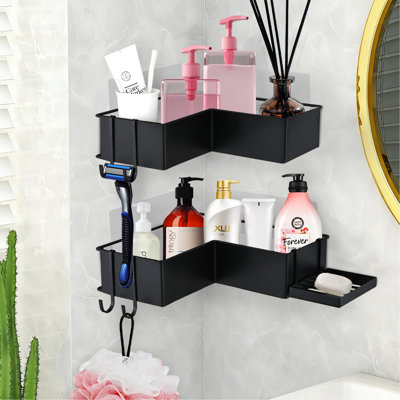 2-Pack Drill-Free Adhesive Corner Shower Caddy Organizer With Soap Holder And 4 Hooks