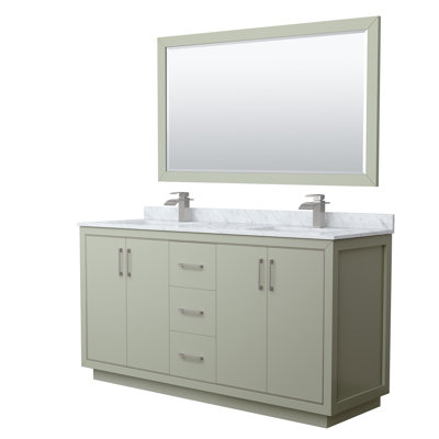 Meuble-lavabo double de 66 po Icon en bleu foncé, comptoir en marbre de culture de Carrare, lavabos carrés encastrés, garniture en nickel brossé, miroir authentique en marbre de 58 po