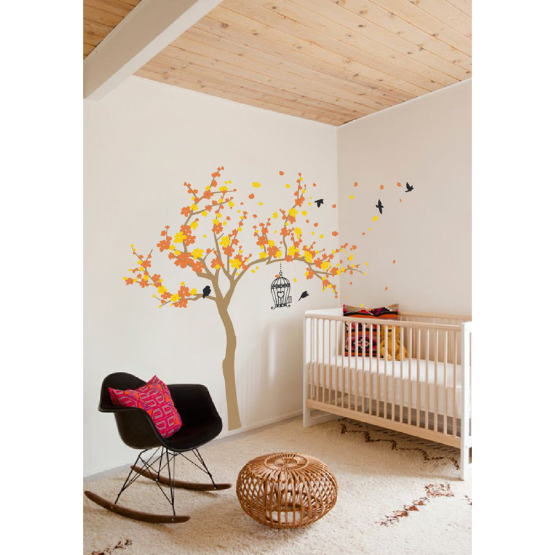 Décalcomanie murale Arbre en fleurs et oiseaux, H 72 po x l 92 po x p 0,01 po, Orange / Jaune