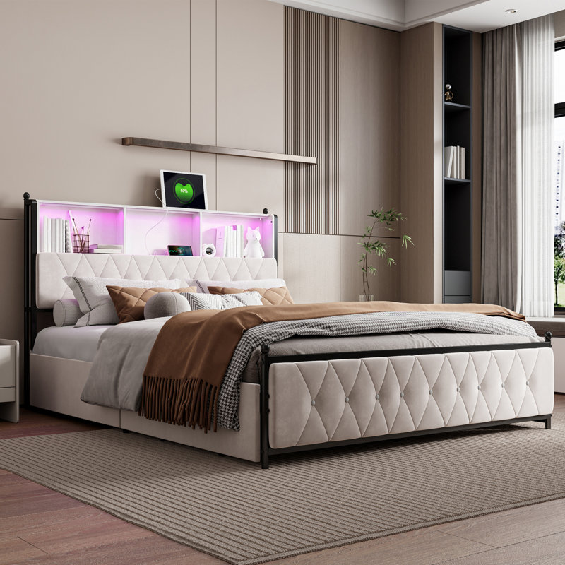 Dekker Velvet Upholstered Bed Frame with Storage Headboard, USB & USB-C Charging Ports, LED Lighting and 4 Underbed Drawers
