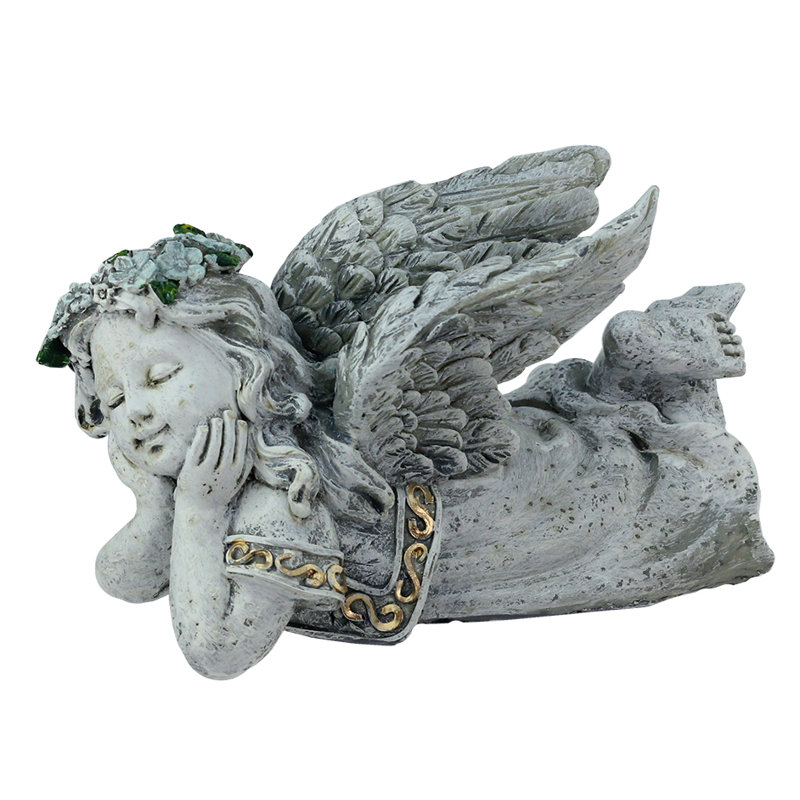 Whimsical Gray Polyresin Angel Garden Statue with Gold Accents