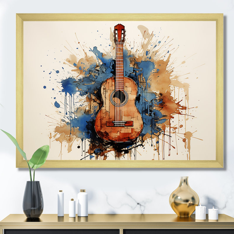 Earthy Brown, guitare mélodique - musique sur toile, Cadre d'angle fermé doré, H 34 po x l 44 po x P 1,5 po