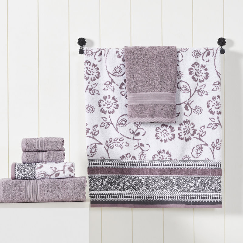 Modern Threads 6 Piece Set, 2 Bath Towels, 2 Hand Towels, 2 Washcloths Yarn Dyed Jacquard/Solid Towel Set Ophelia, Orchid