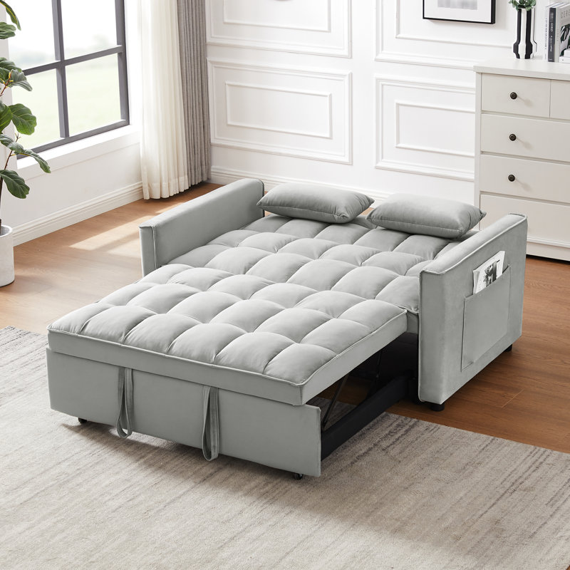3 en 1 lit en velours gris avec fonction escamotable et coussins décoratifs pour salon