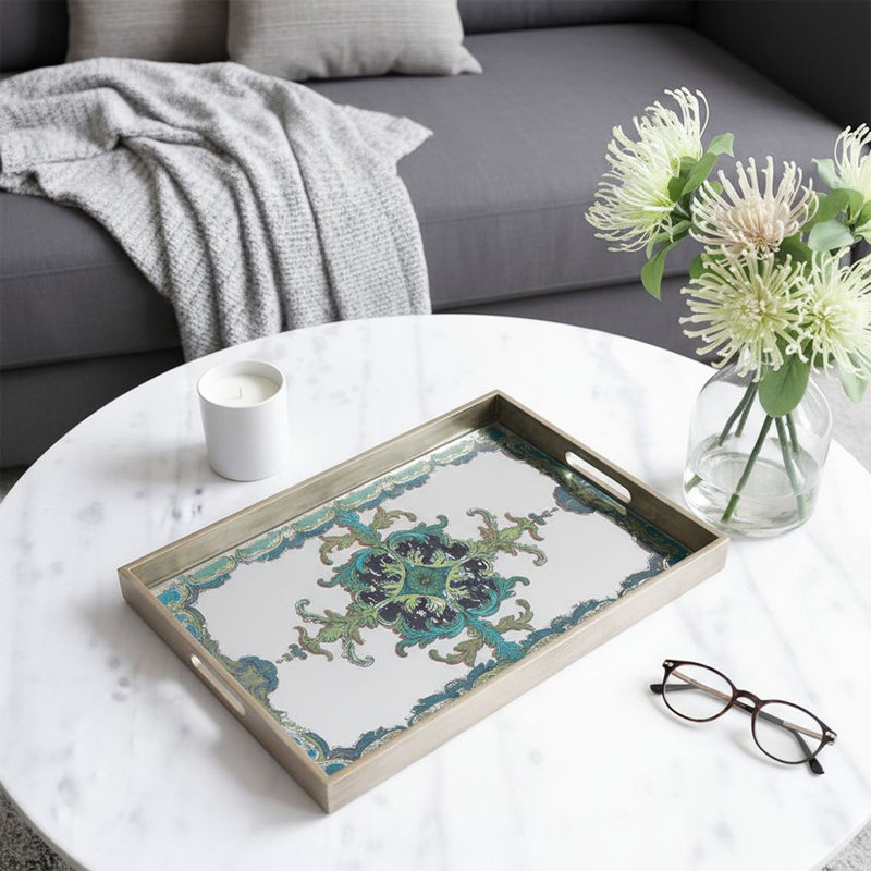 Rectangular Mirrored Wood Tray, Decorative Mediterranean Pattern Mirror Serving Tray