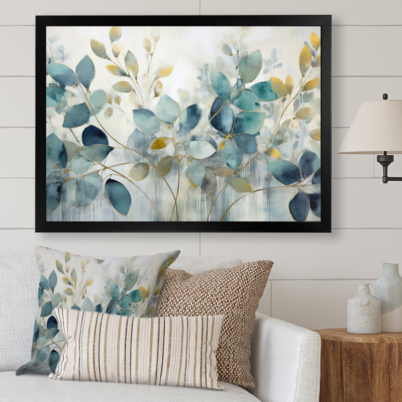 «Blue Botanical Rhythms II - Abstract Botanicals», art mural sur toile, H 12 po x l 20 po, Impression encadrée, Noir
