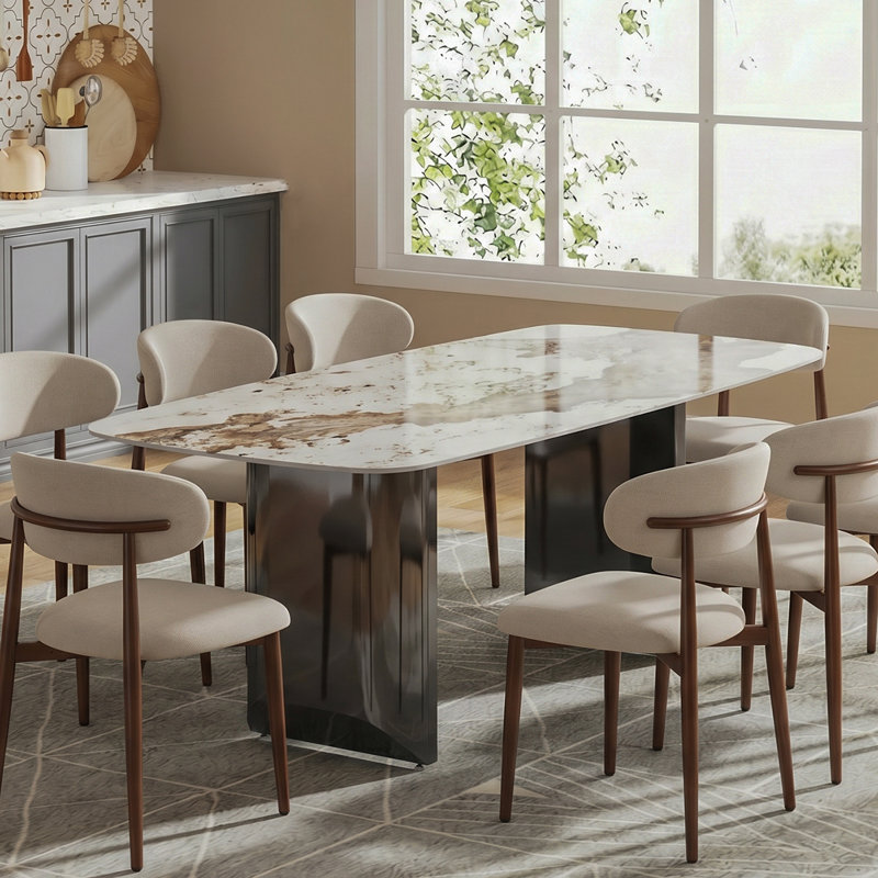 Table à manger moderne en pierre frittée avec base en métal gris (70,9 po), Gris, L 35,4 po x L 70,9 po