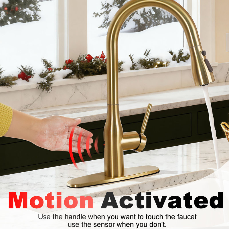 Pull Down Touchless Single Handle Kitchen Faucet with Deck Plate, Brushed Gold
