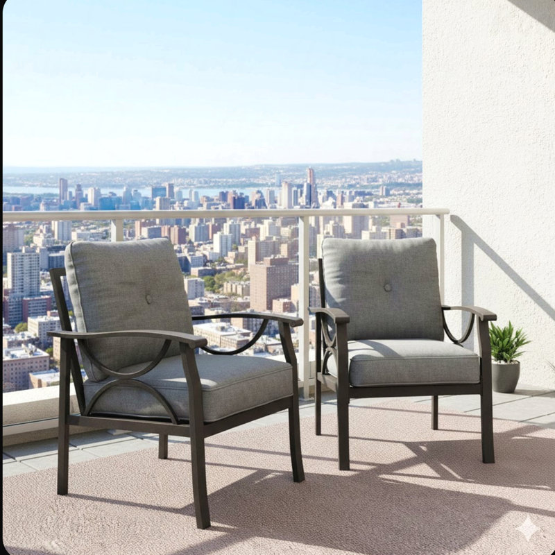 Set Of 2  All-Weather Metal Armchairs, Khaki Frame With Gray Cushions, Gray, Khaki