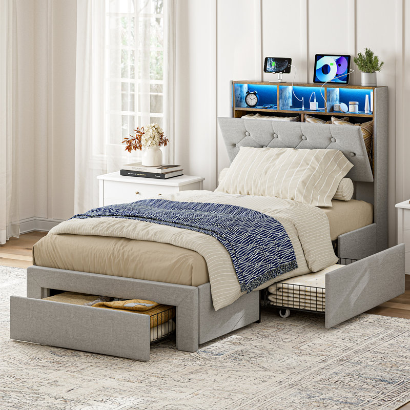 Twin Xl Bed Frames With Storage Drawers, Hidden Storage Headboard With Led Lights & Charging Station, Upholstered Twin Xl Platform Bed, Solid Wood Slats, No Box Spring Needed