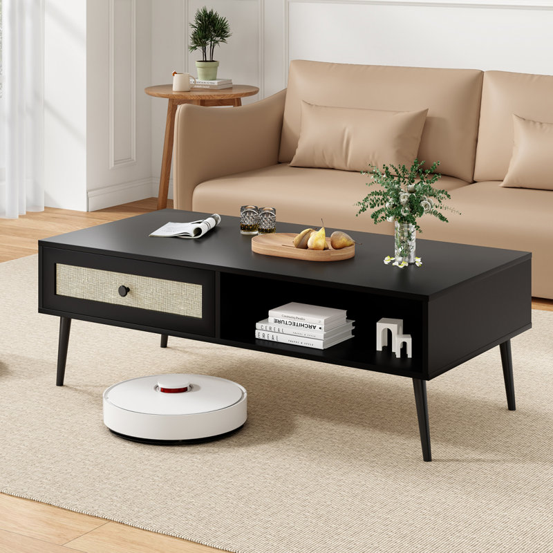 Table basse de style Mid-Century moderne, console rectangulaire de 47 pouces avec tiroir et tablette, table basse en bois pour le salon, bureau, noir