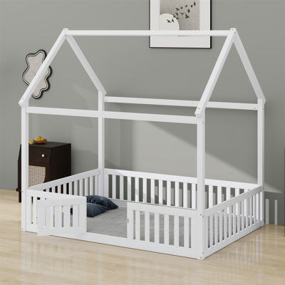 Wood House Bed With Fence And Door