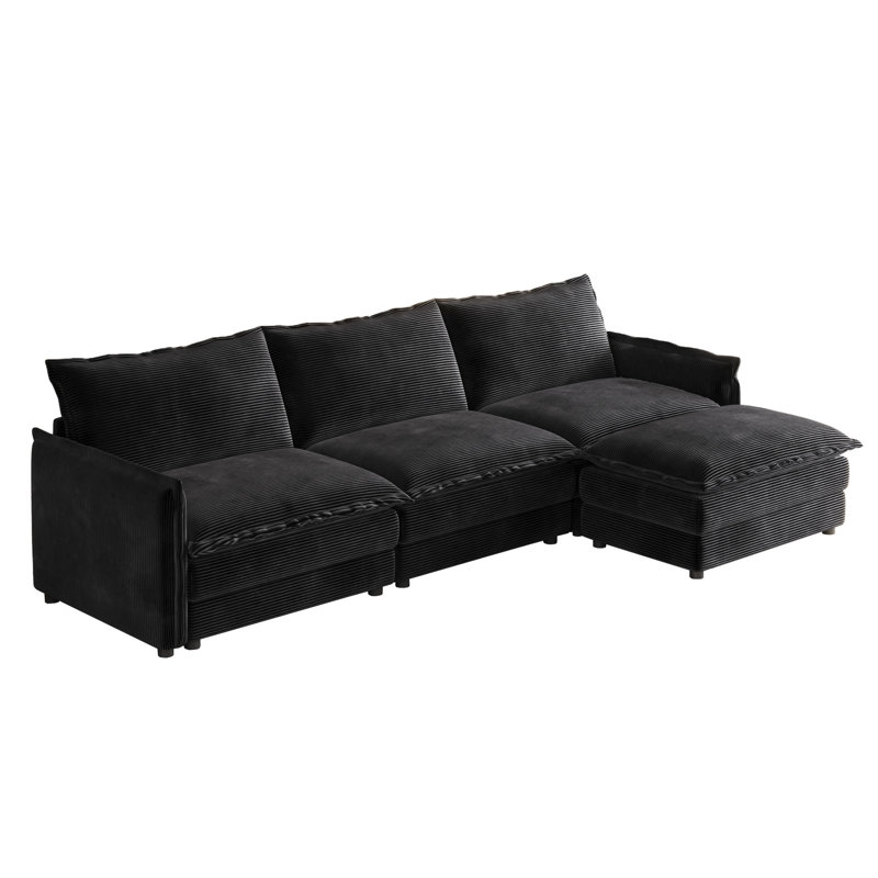 Grand grand canapé profond en velours côtelé pour la détente dans le salon en tissu haut avec repose-pieds mobile, Noir