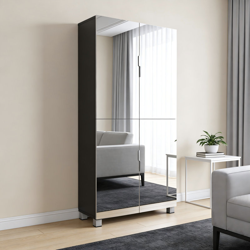 50" Mirrored Shoe Cabinet with Adjustable Shelves, 4-Door Entryway Storage with Full-Length Mirror and Ventilation, Holds 32 Pairs of Shoes, Dust-Proof Engineered Wood Organizer for Hallway and Apartment, Black