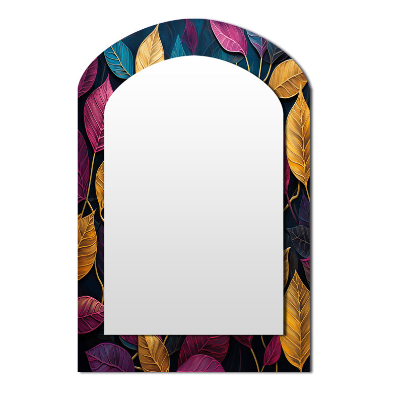 Colorful Leaves Charm Foliage I - Leaves Arch Decorative Mirror, Traditional Asymmetrical Large Wall Mirror, Printed Metal Art