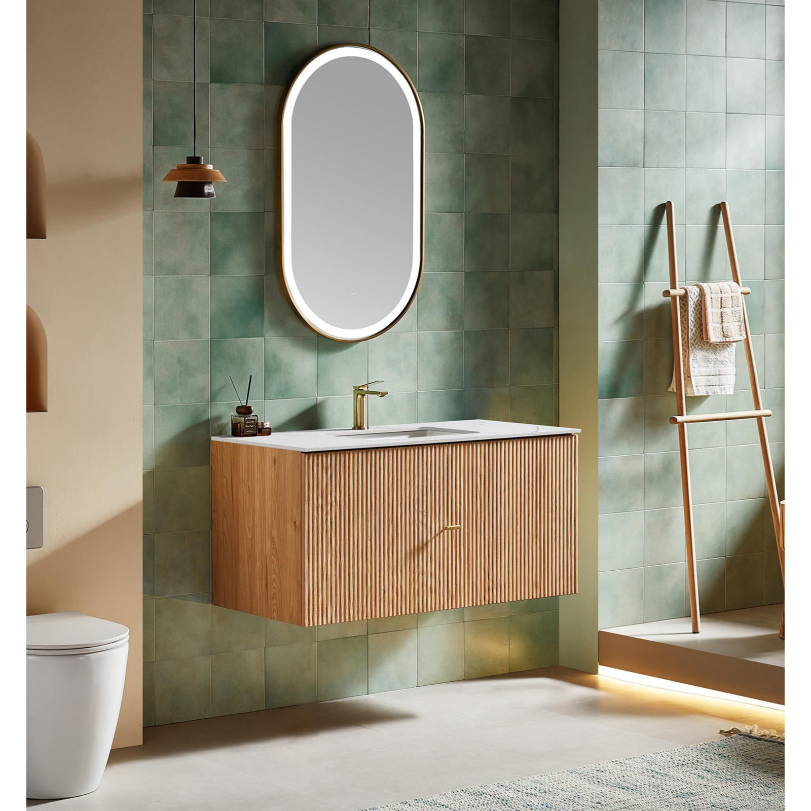 Jamell 42 Wall Mount Modern Bathroom Vanity, White, Natural Oak