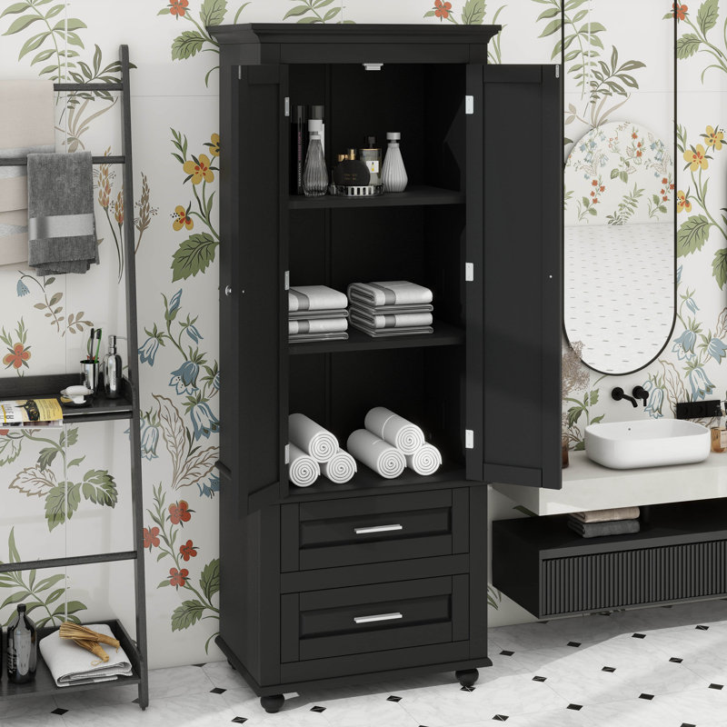 Tall Storage Cabinet, High-Quality Painted MDF, 3-Tier Upper Cabinet + 2 Drawers, Adjustable Shelf, Black