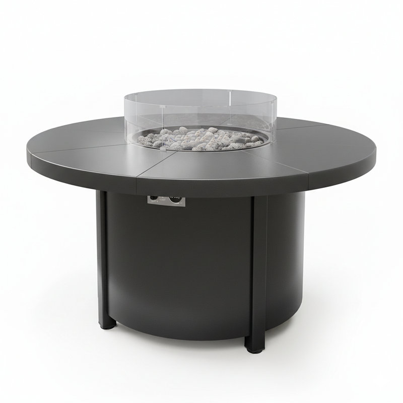 Table ronde d'extérieur en acier avec pare-vent en verre