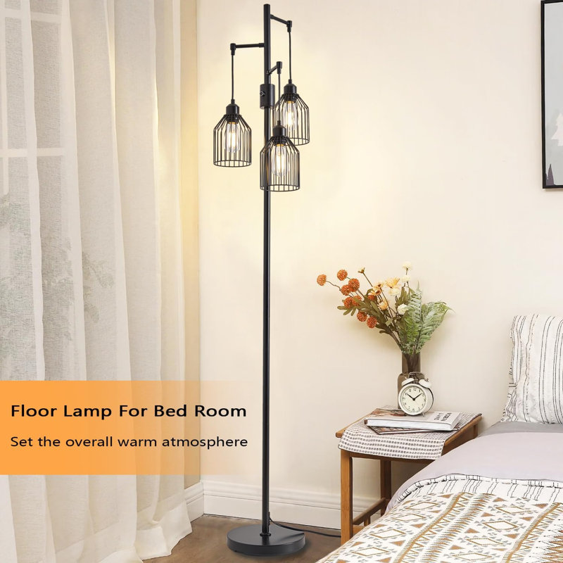 Dimmable Industrial Farmhouse Floor Lamp With Hanging Cage Design, Includes 3 LED Edison Bulbs, Adjustable Brightness For Living Room, Bedroom, Or Office Decor