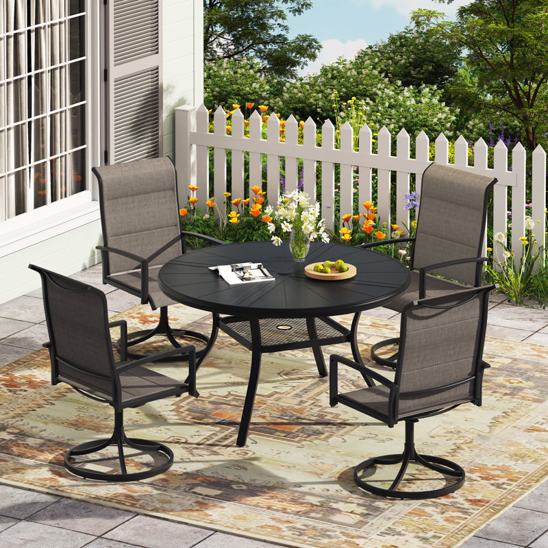 4-Person Outdoor Round Dining Set With Swivel Chairs, Black/Brown