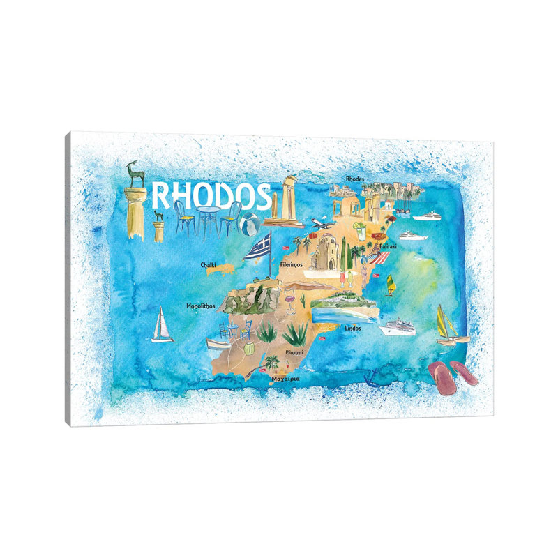 Rhodes Greece Illustrated Map With Landmarks And Highlights by Markus & Martina Bleichner - Wrapped Canvas Gallery-Wrapped Canvas Giclée