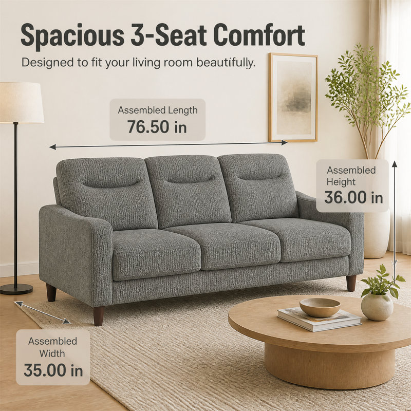 Canapé en chenille, assise confortable, structure en bois massif, parfait pour le salon, L 76,5 po, Gris chenille