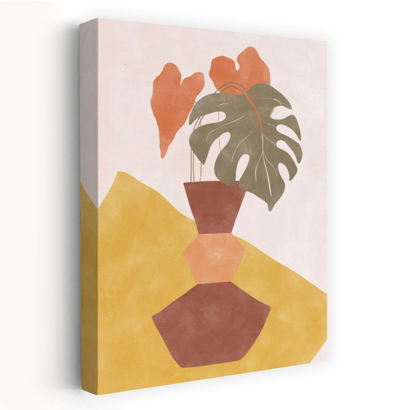 Art contemporain, paysage abstrait géométrique coloré, plante, H 60 po x l 40 po